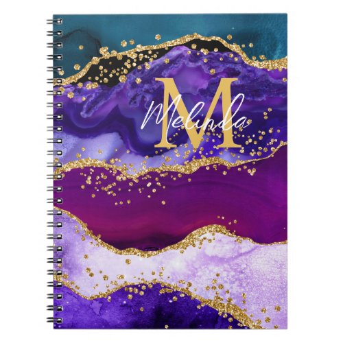 Purple and Blue Peacock Faux Glitter Agate Notebook