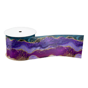 Purple and Blue Peacock Faux Glitter Agate Satin Ribbon
