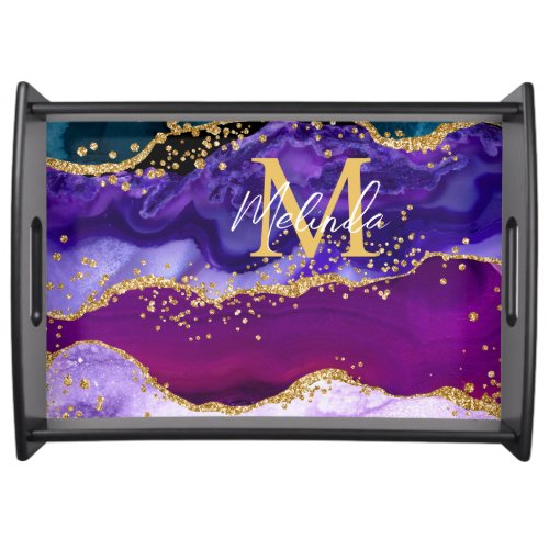 Purple and Blue Peacock Faux Glitter Agate Serving Tray