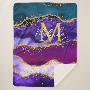 Purple and Blue Peacock Faux Glitter Agate Sherpa Blanket
