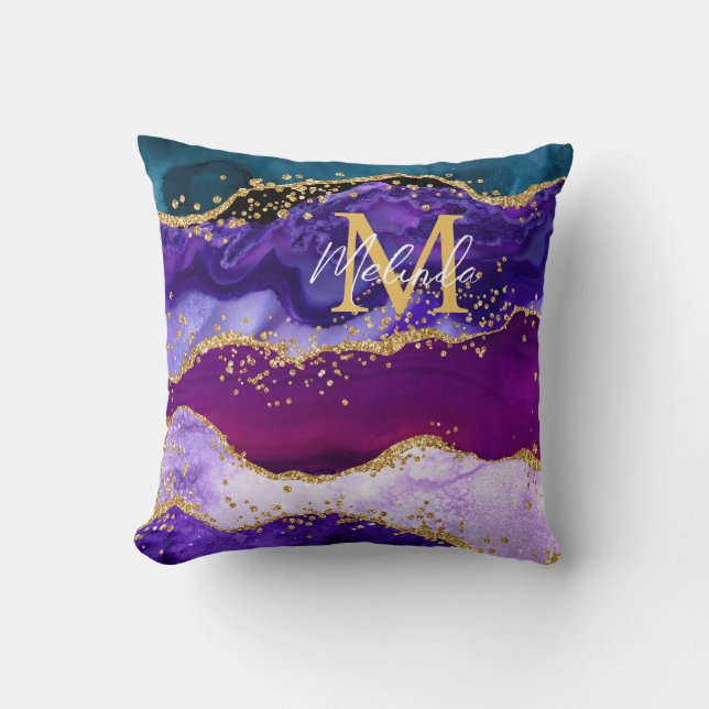 Purple and Blue Peacock Faux Glitter Agate Throw Pillow (Front)