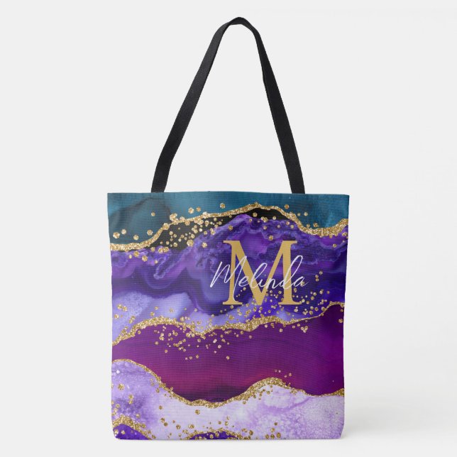 Purple and Blue Peacock Faux Glitter Agate Tote Bag (Front)