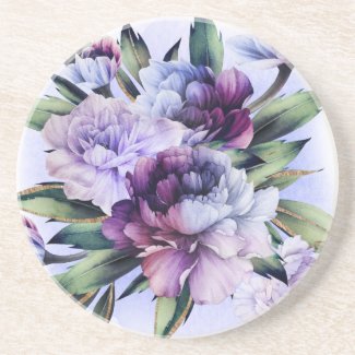 Purple and Blue Peonies Art Sandstone Coaster