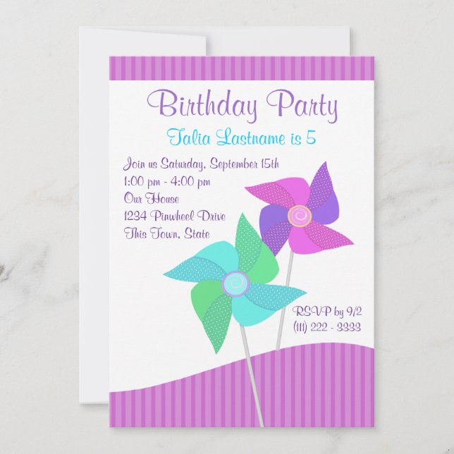 Purple and Blue Pinwheels Birthday Party Invitation (Front)