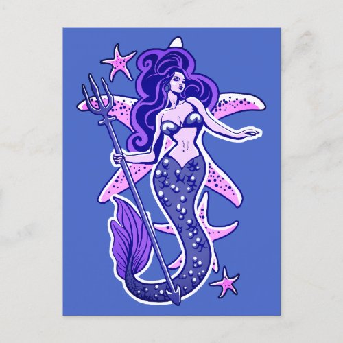 Purple And Blue Retro Pin_Up Mermaid Postcard