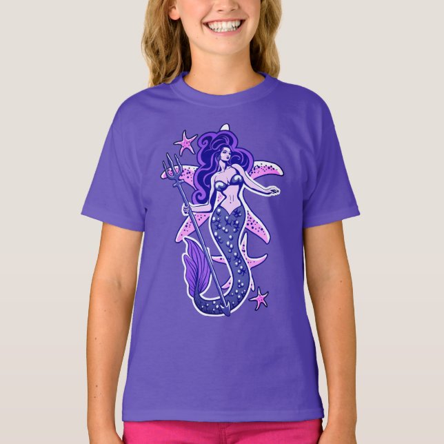 Purple And Blue Retro Pin-Up Mermaid T-Shirt (Front)