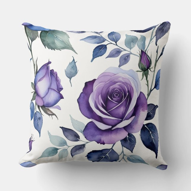 Purple and Blue Rose Floral Throw Pillow (Front)