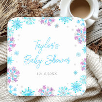 Purple and Blue Snowflakes Baby Shower Square Paper Coaster