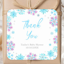 Purple and Blue Snowflakes Baby Shower Thank You Square Sticker