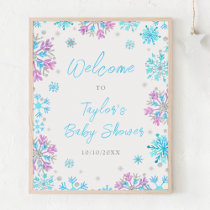 Purple and Blue Snowflakes Baby Shower Welcome Poster