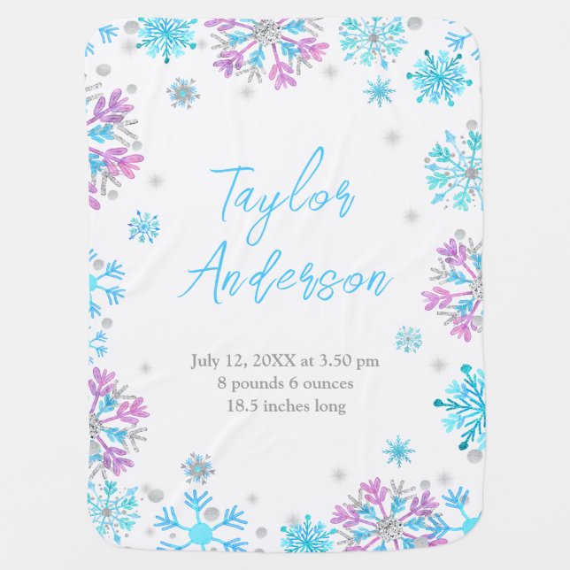 Purple and Blue Snowflakes Birth Stats Baby Blanket (Front)