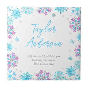 Purple and Blue Snowflakes Birth Stats Ceramic Tile