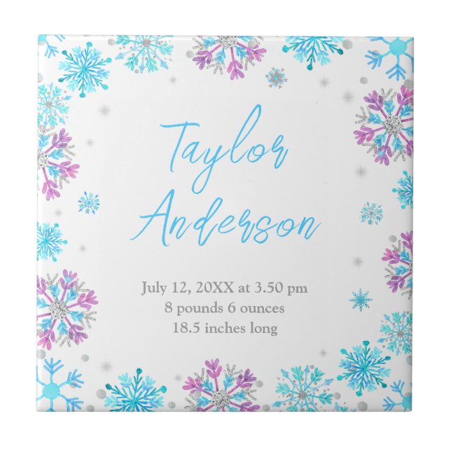 Purple and Blue Snowflakes Birth Stats Ceramic Tile (Front)