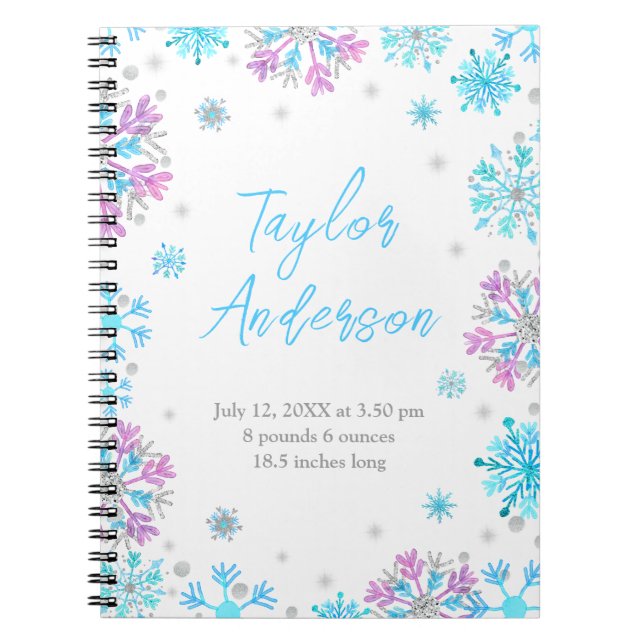 Purple and Blue Snowflakes Birth Stats Notebook (Front)