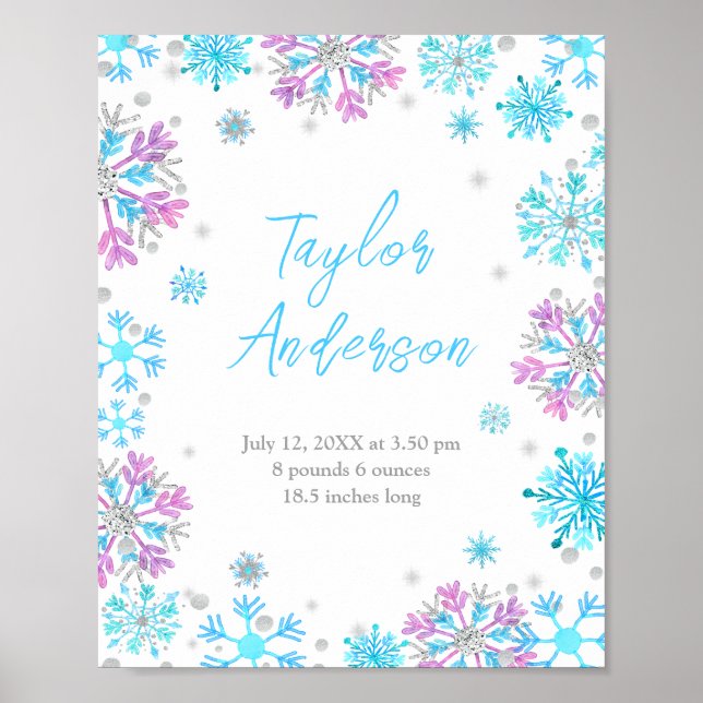 Purple and Blue Snowflakes Birth Stats Poster (Front)