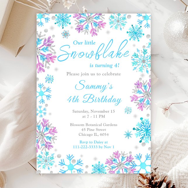 Purple and Blue Snowflakes Birthday Party Invitation (Creator Uploaded)