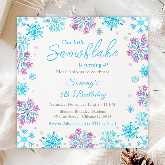 Purple and Blue Snowflakes Birthday Party Invitation (Creator Uploaded)