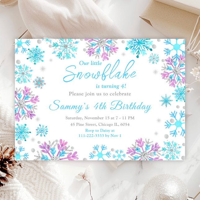 Purple and Blue Snowflakes Birthday Party Invitation (Creator Uploaded)