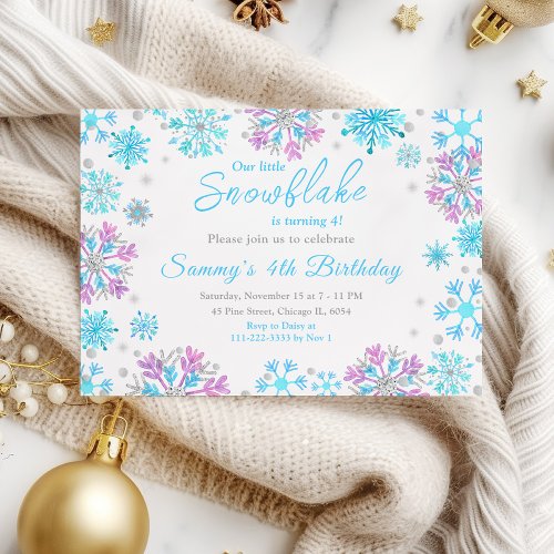 Purple and Blue Snowflakes Birthday Party Invitation