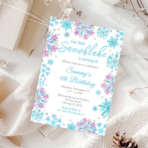 Purple and Blue Snowflakes Birthday Party Invitation