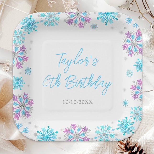 Purple and Blue Snowflakes Birthday Party Paper Plates (Creator Uploaded)