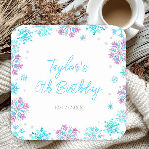 Purple and Blue Snowflakes Birthday Party Square Paper Coaster