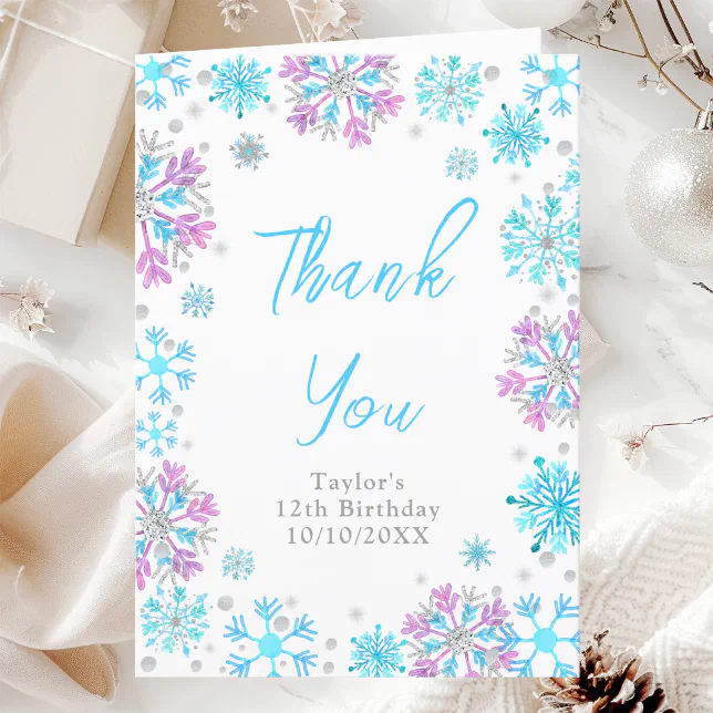 Purple and Blue Snowflakes Birthday Party Thank You Card | Zazzle