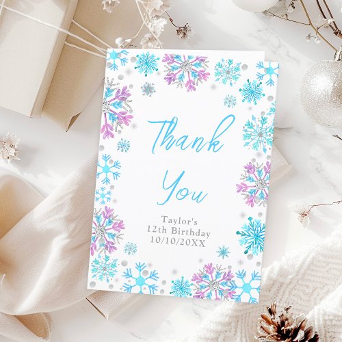 Purple and Blue Snowflakes Birthday Party Thank You Card