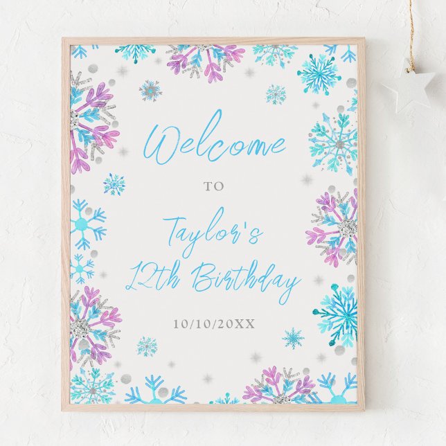 Purple and Blue Snowflakes Birthday Party Welcome Poster (Creator Uploaded)