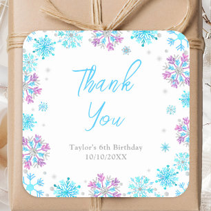 Purple and Blue Snowflakes Birthday Thank You Square Sticker