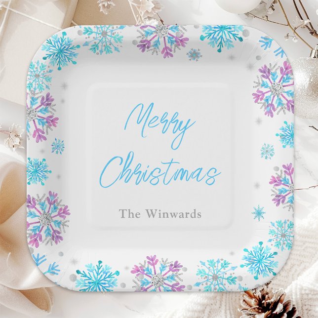 Purple and Blue Snowflakes Christmas Party Paper Plates (Creator Uploaded)