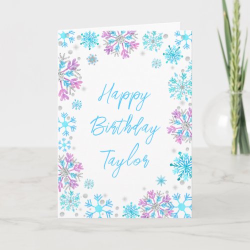 Purple and Blue Snowflakes Happy Birthday Card