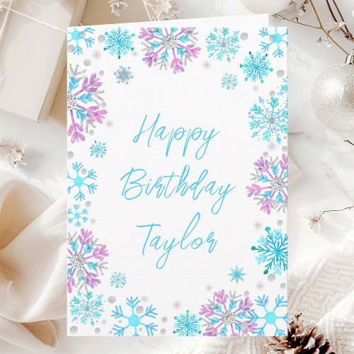 Purple and Blue Snowflakes Happy Birthday