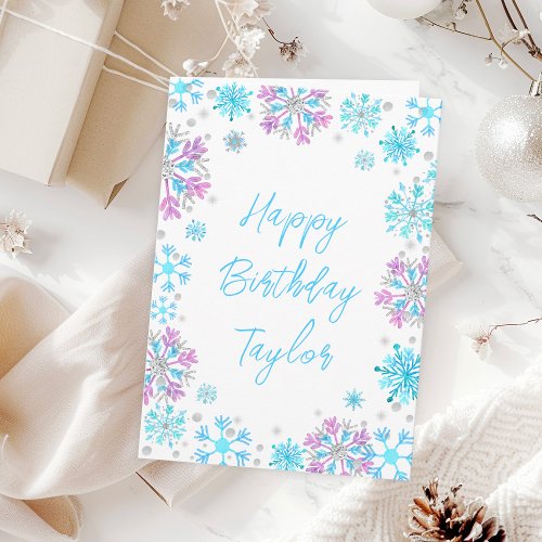 Purple and Blue Snowflakes Happy Birthday Card