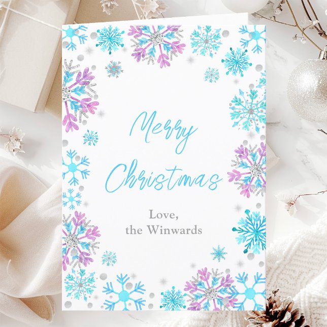 Purple and Blue Snowflakes Merry Christmas Holiday Card (Creator Uploaded)