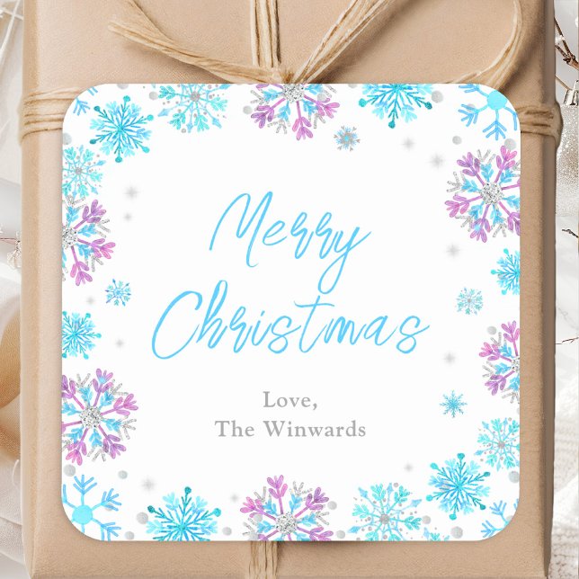 Purple and Blue Snowflakes Merry Christmas Square Sticker (Creator Uploaded)