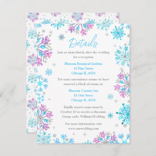 Purple and Blue Snowflakes Wedding Details Enclosure Card