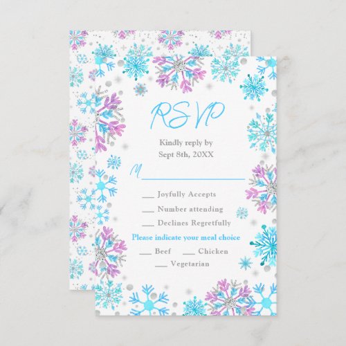 Purple and Blue Snowflakes Wedding Meal Choice RSVP Card