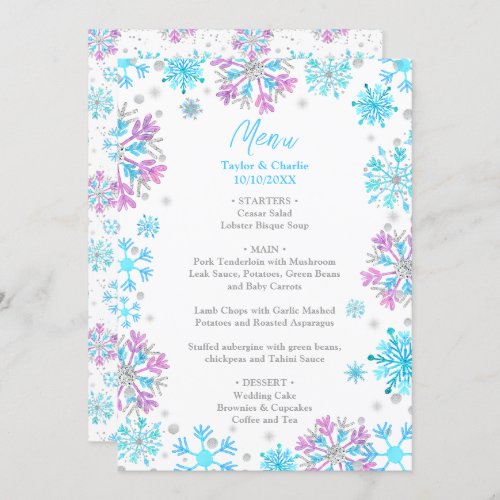 Purple and Blue Snowflakes Wedding Menu