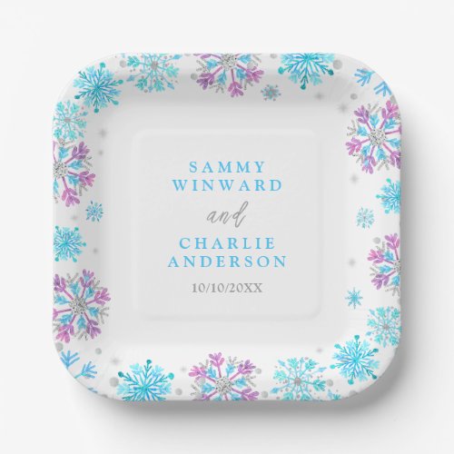 Purple and Blue Snowflakes Wedding Paper Plates