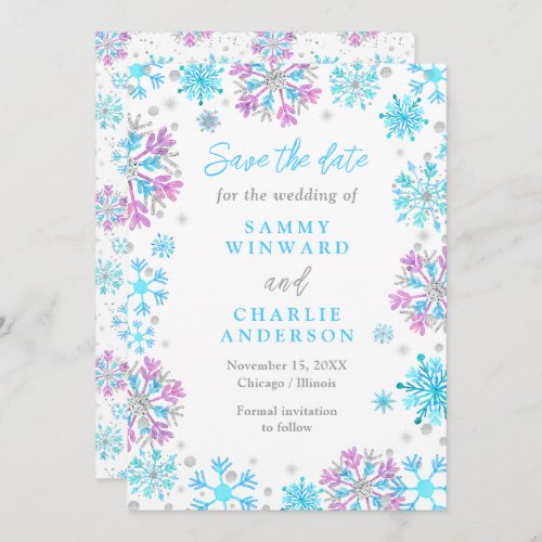 Purple and Blue Snowflakes Wedding Save The Date