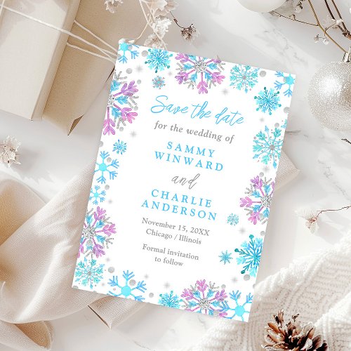 Purple and Blue Snowflakes Wedding Save The Date