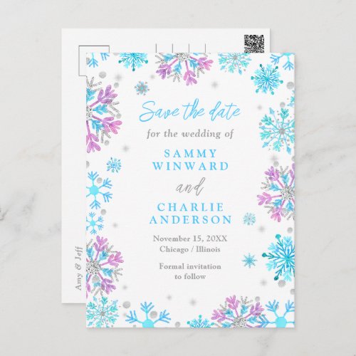 Purple and Blue Snowflakes Wedding Save The Date Postcard