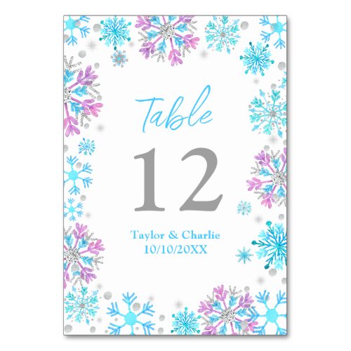 Purple and Blue Snowflakes Wedding Table Number