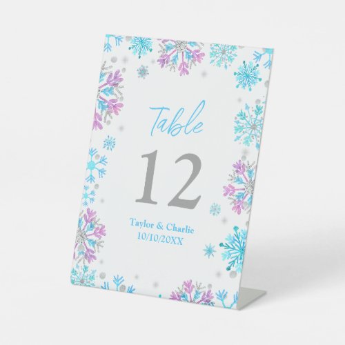 Purple and Blue Snowflakes Wedding Table Number Pedestal Sign