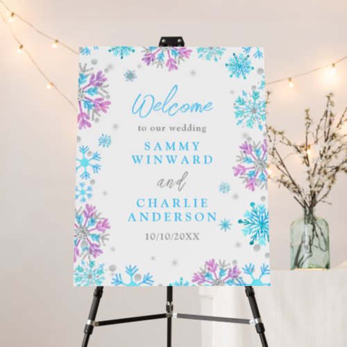 Purple and Blue Snowflakes Wedding Welcome Sign