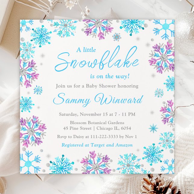 Purple and Blue Snowflakes Winter Baby Shower Invitation (Creator Uploaded)
