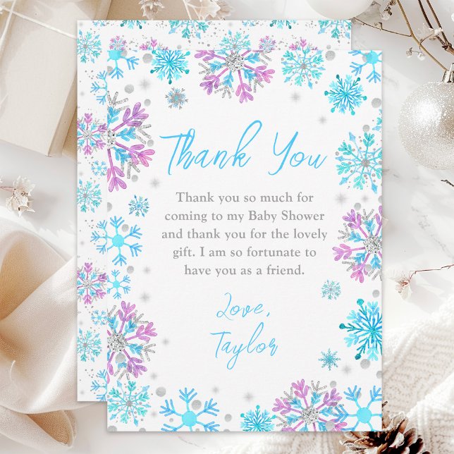 Purple and Blue Snowflakes Winter Baby Shower Thank You Card (Creator Uploaded)