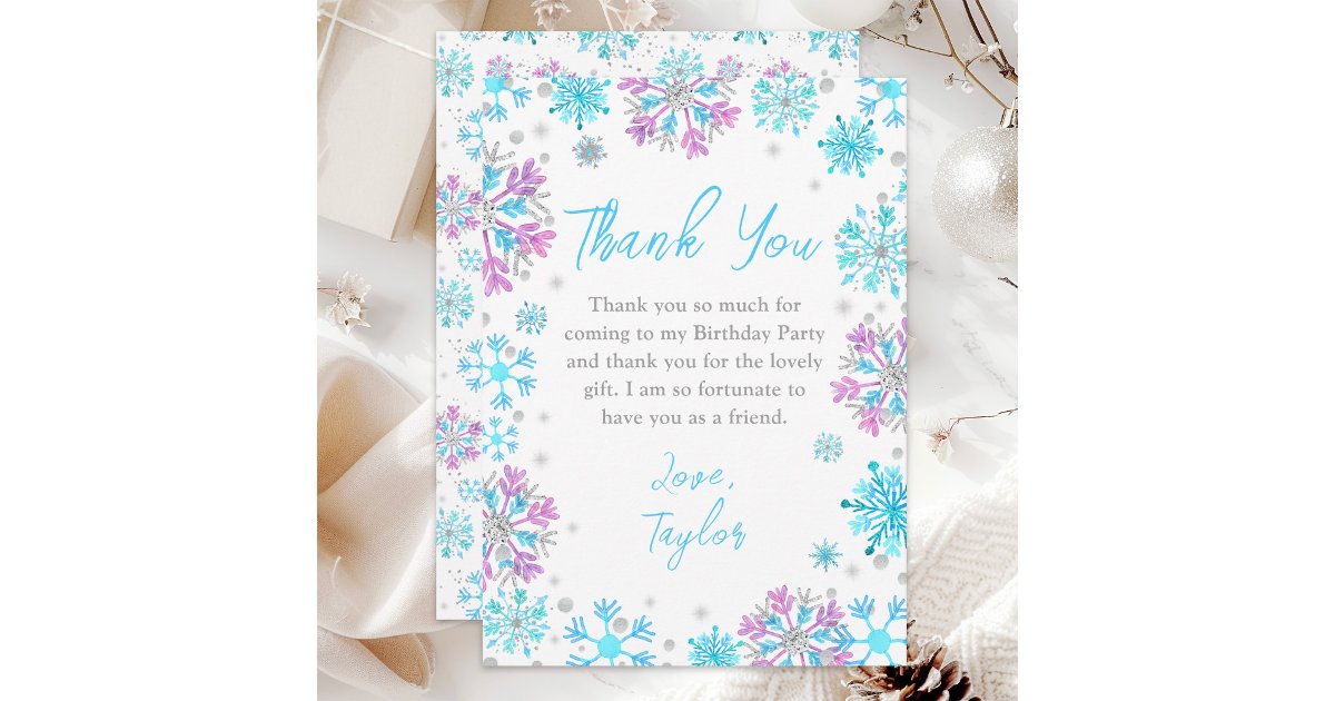Purple and Blue Snowflakes Winter Birthday Party Thank You Card | Zazzle