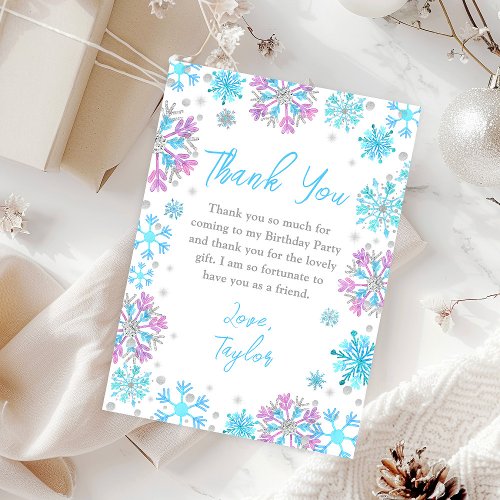 Purple and Blue Snowflakes Winter Birthday Party Thank You Card